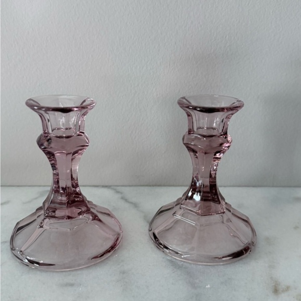 a pair of vintage Libbey 'Brandywine' amethyst glass candle holders.